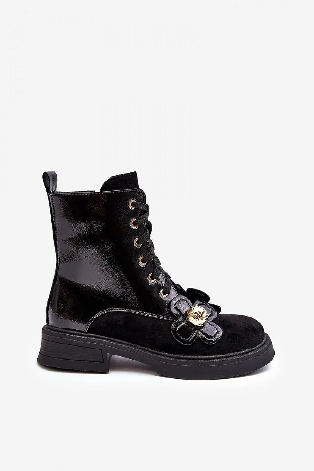 Bottines pour femmes élégantes audacieuses cuir verni daim noir fleurs dorées talon bas semelle épaisse style urbain