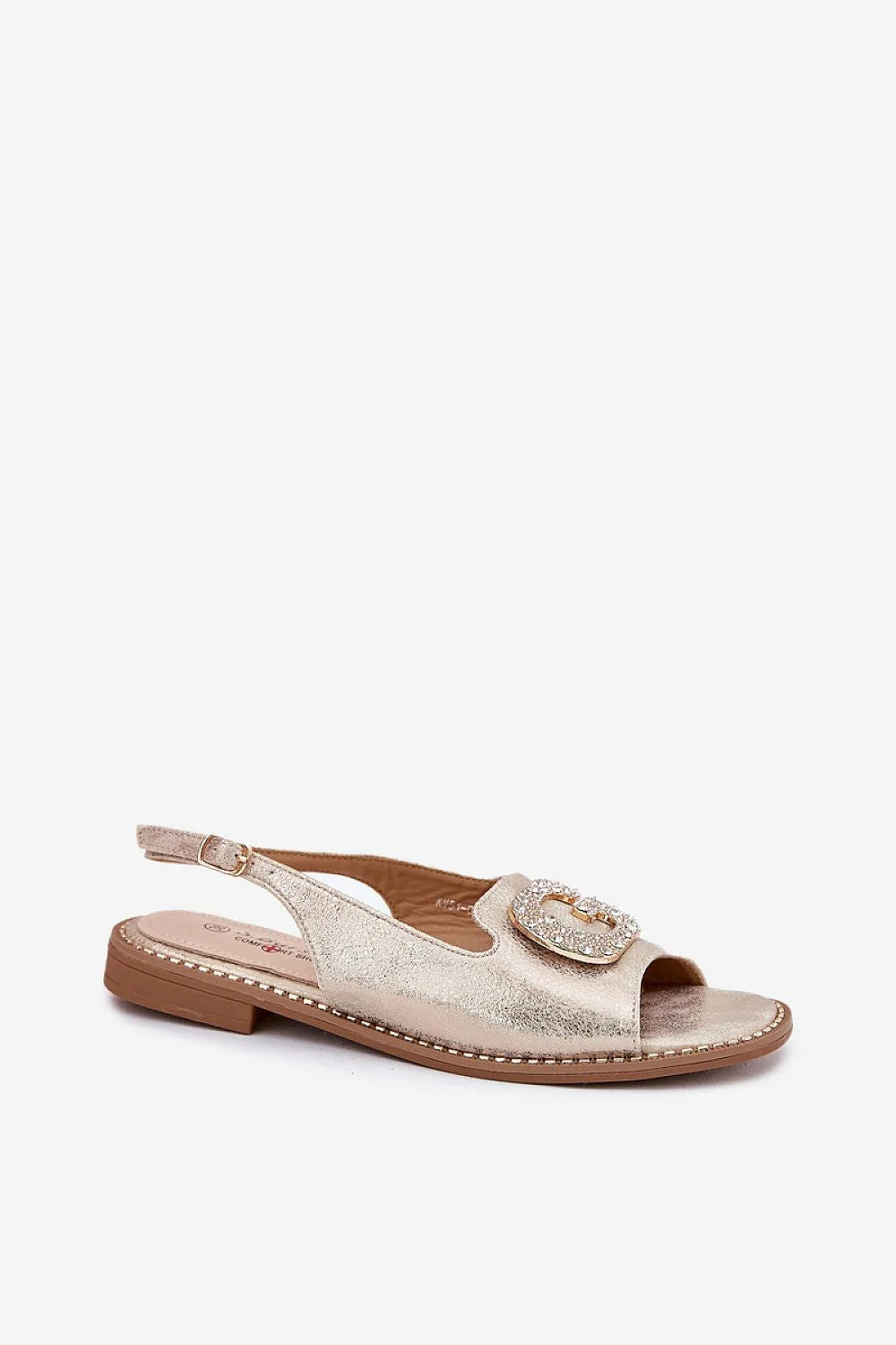 sandales femme chic talon plat cuir artificiel doré métallisé boucle ornée strass réglable bride rembourrée semelle intérieure naturelle caoutchouc durable