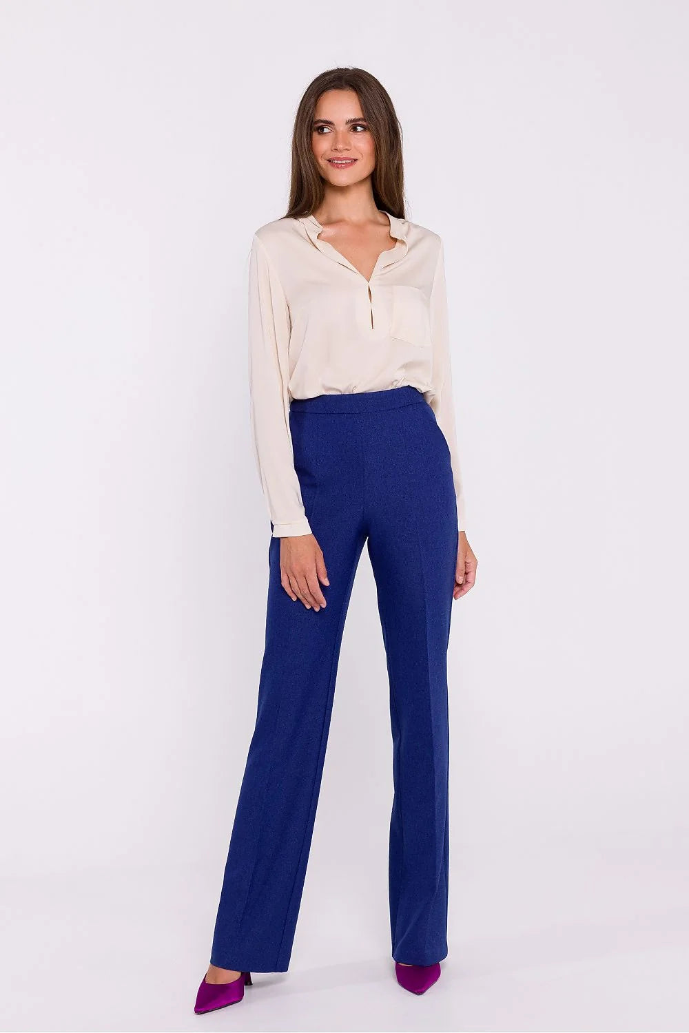 pantalon femme stylove taille haute jambes évasées bleu vif structuré sergé laine mélangée coupe classique allongeante sophistiquée confection polonaise professionnelle