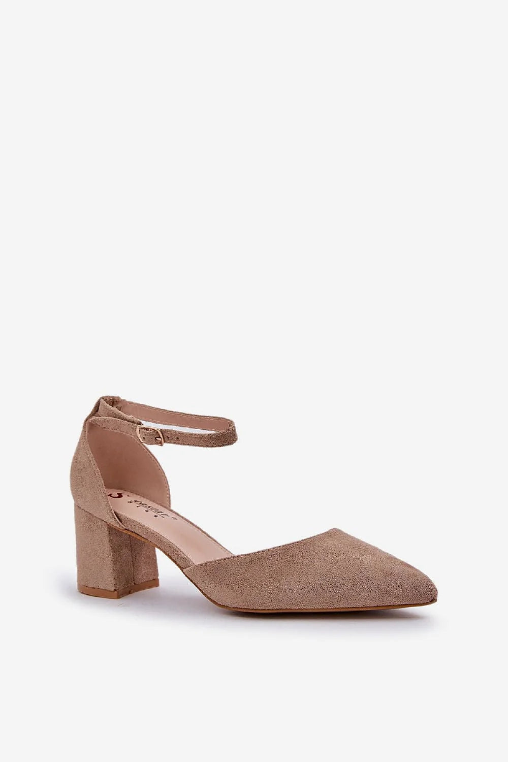 Escarpins féminins à bout pointu talon large 6.5 cm couleur marron clair bride ajustable en cuir suédé écologique pour soirées ou quotidien