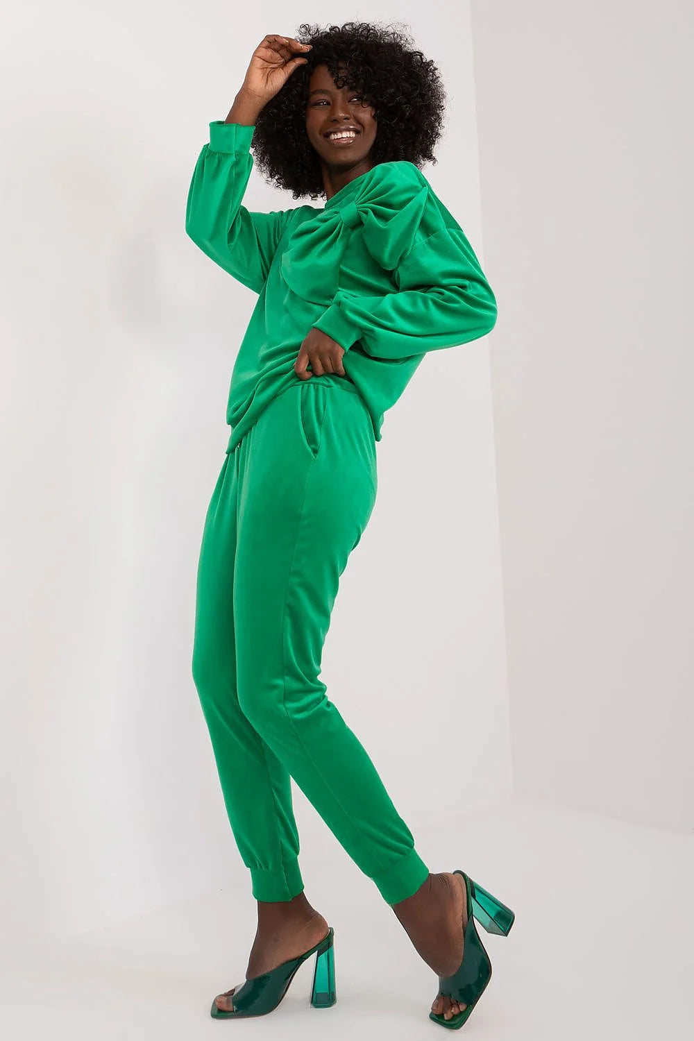 Ensemble coordonné féminin vert vif bow élégant coupe droite pantalon taille élastique haut manches longues