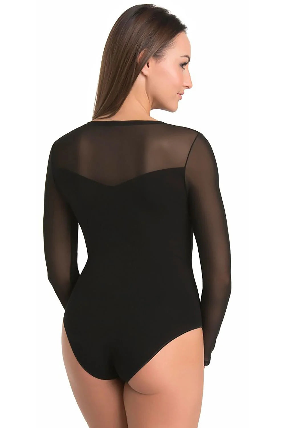 Body sophistiqué pour femme en viscose et tulle noir coupe ajustée manches longues encoignure en forme de cœur finitions élégantes