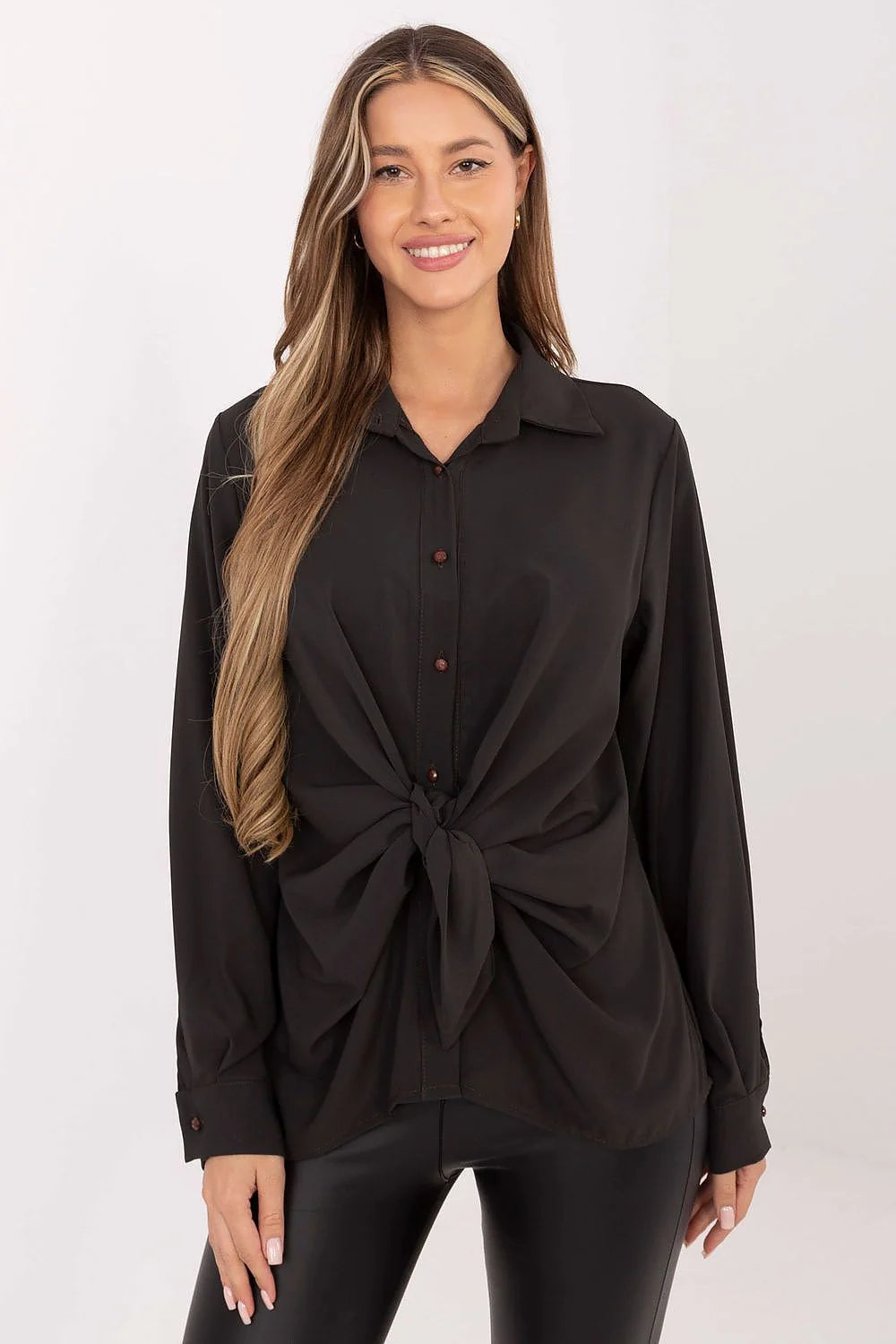 chemise femme manches longues bouffantes poignets boutonnés col classique noeud drapé avant noir polyester fluide léger élégant oversize coupe