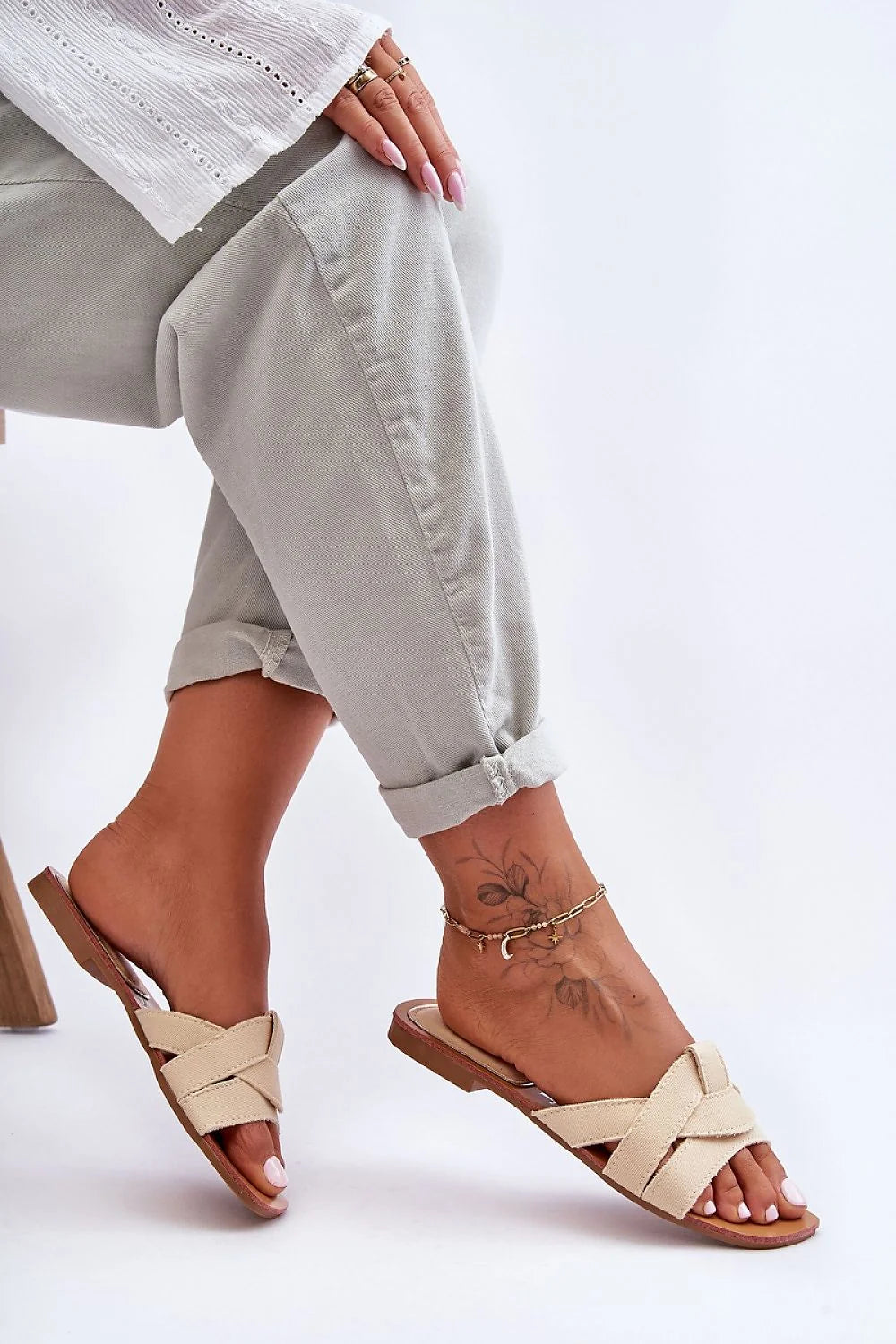 Sandales Femme Été Décontractées Talon Plat Lanières Croisées beige Crème Open Toe Floral Tattoo Ankle Strap set Size