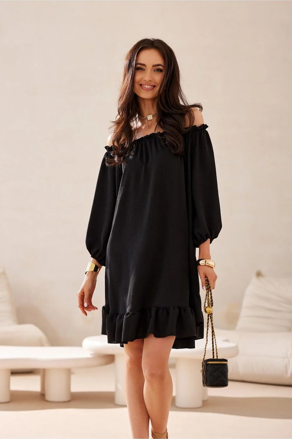 Robe de jour élégante Roco Fashion Giulia robe à épaules dénudées manches bouffantes 3/4 tissu délicat femme
