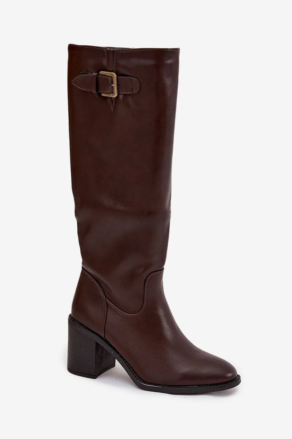 bottes montantes femme cuirartificiel marronfoncé tigehaute boutarrondi talon8cm talonstable fermetureeclair bouclemetalvieilli doubluremousse confort chaleur polyvalentes élégantes intemporelles