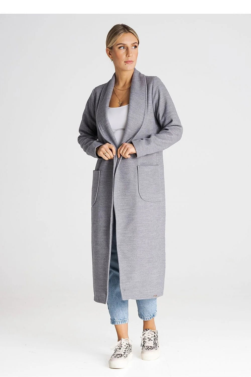 Cardigan long élégant pour femme en polyester et viscose, coupe droite, ceinture à nouer, poches latérales, couleur gris neutre