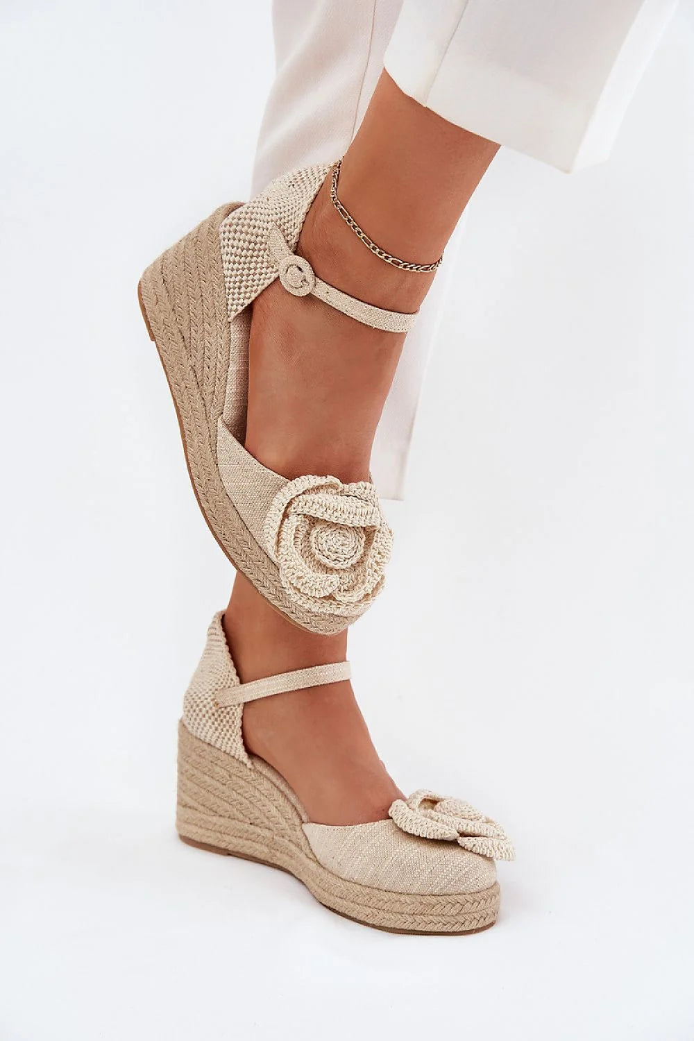 Sandales compensées espadrilles design floral tissu beige ajustables cheville fleur tressé talon 8cm femmes été printemps