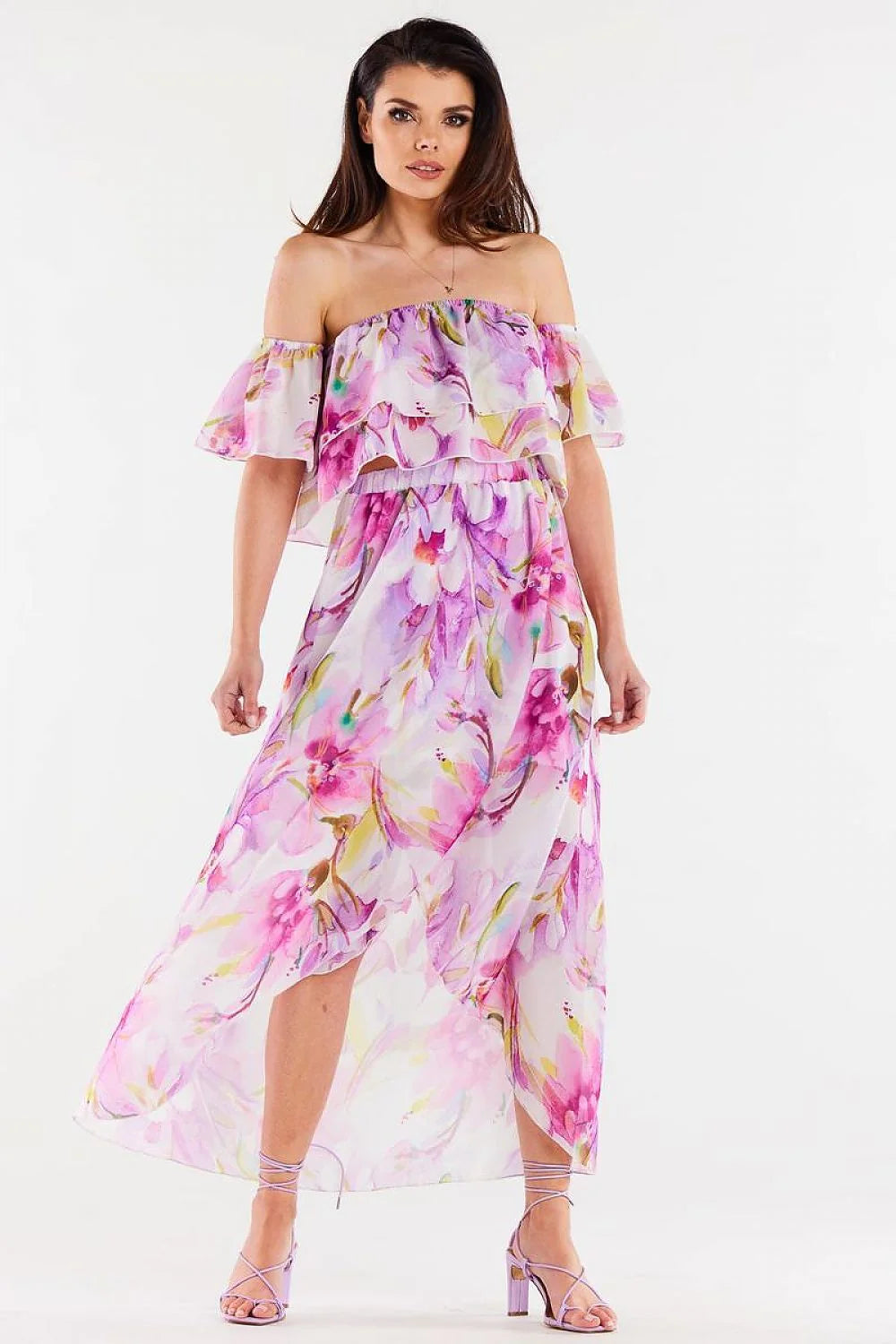 Robe longue bohème imprimé floral asymétrique en chiffon élastique buste volant épaules nues romantique été jardin soirée femme