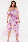 Robe longue bohème imprimé floral asymétrique en chiffon élastique buste volant épaules nues romantique été jardin soirée femme