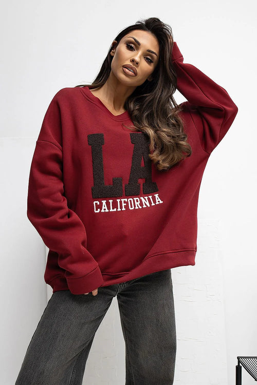sweatshirt femme oversize bordeaux molleton épais col rond manches longues tombantes patch chenille lettrage CALIFORNIA contrastée broderies coton