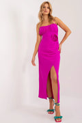 robe cocktail longue fuchsia moulante colonne bustier froncé fines bretelles fleur drapée taille marquée fente frontale sexy polyester stretch élégante