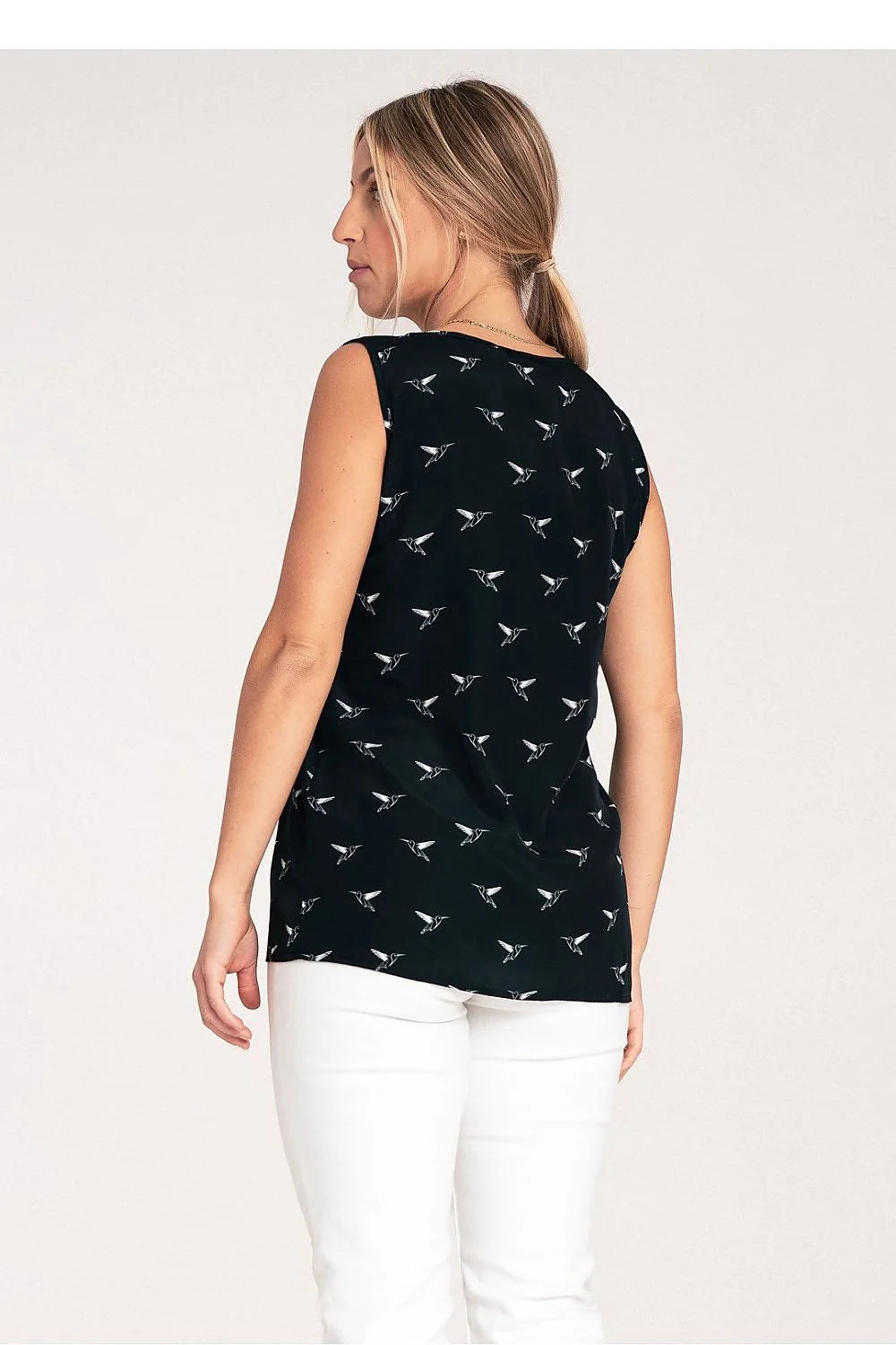 Chemisier Femme Élégant sans Manches en Polyester 100% Taille Longue Ronde Détails Oiseaux Noire Blanc S M L XL