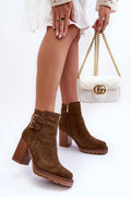 bottes talon haut bloc crantée antidérapante suède marron écologique durable confortable doublure isolante fermeture éclair latérale boucle dorée