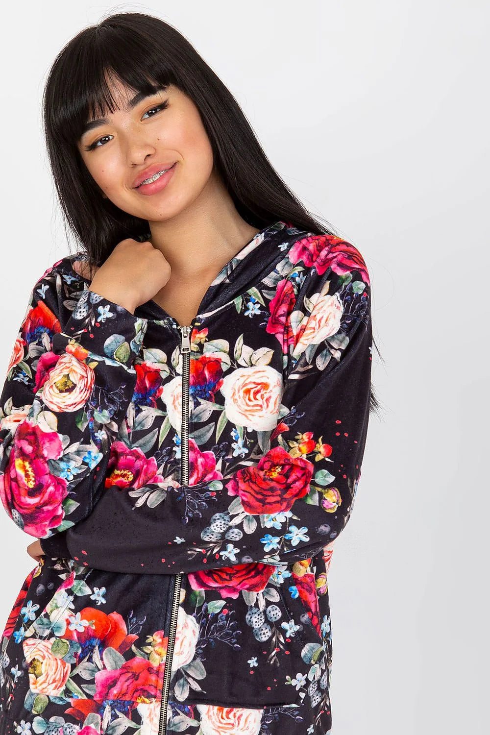 Sweatshirt à capuche floral femme, manches longues, fermeture éclair, style casual, matériau doux, taille confortable