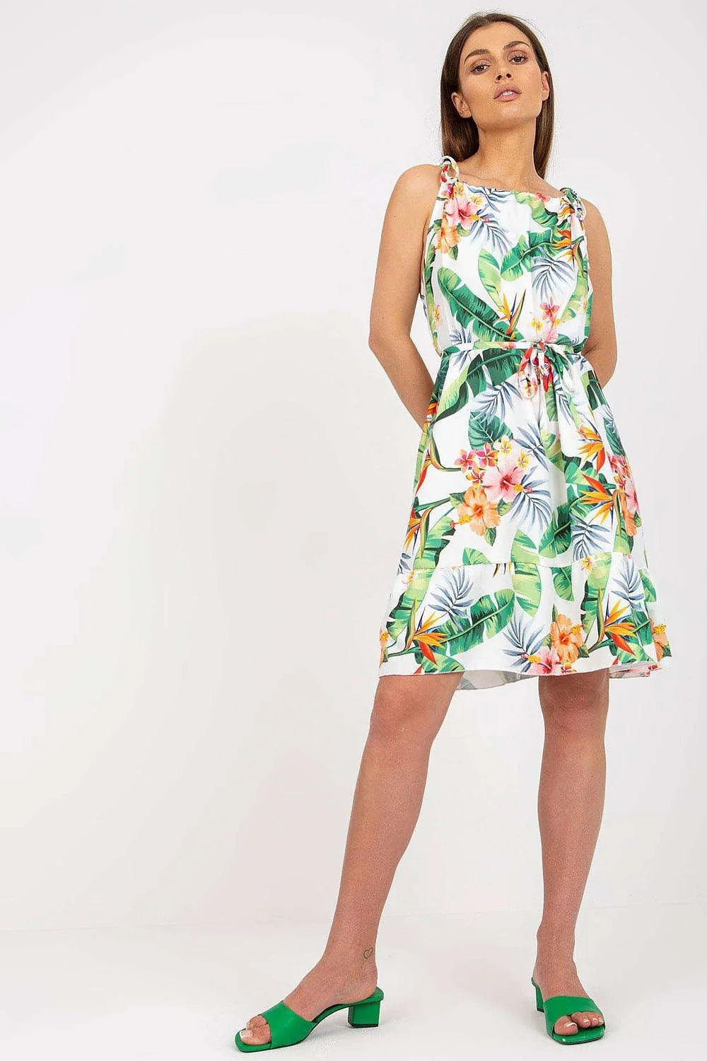 Robe de jour Rue Paris imprimé floral été épaules fines lacets taille nouée volants jupe évasée genoux court polyester femme