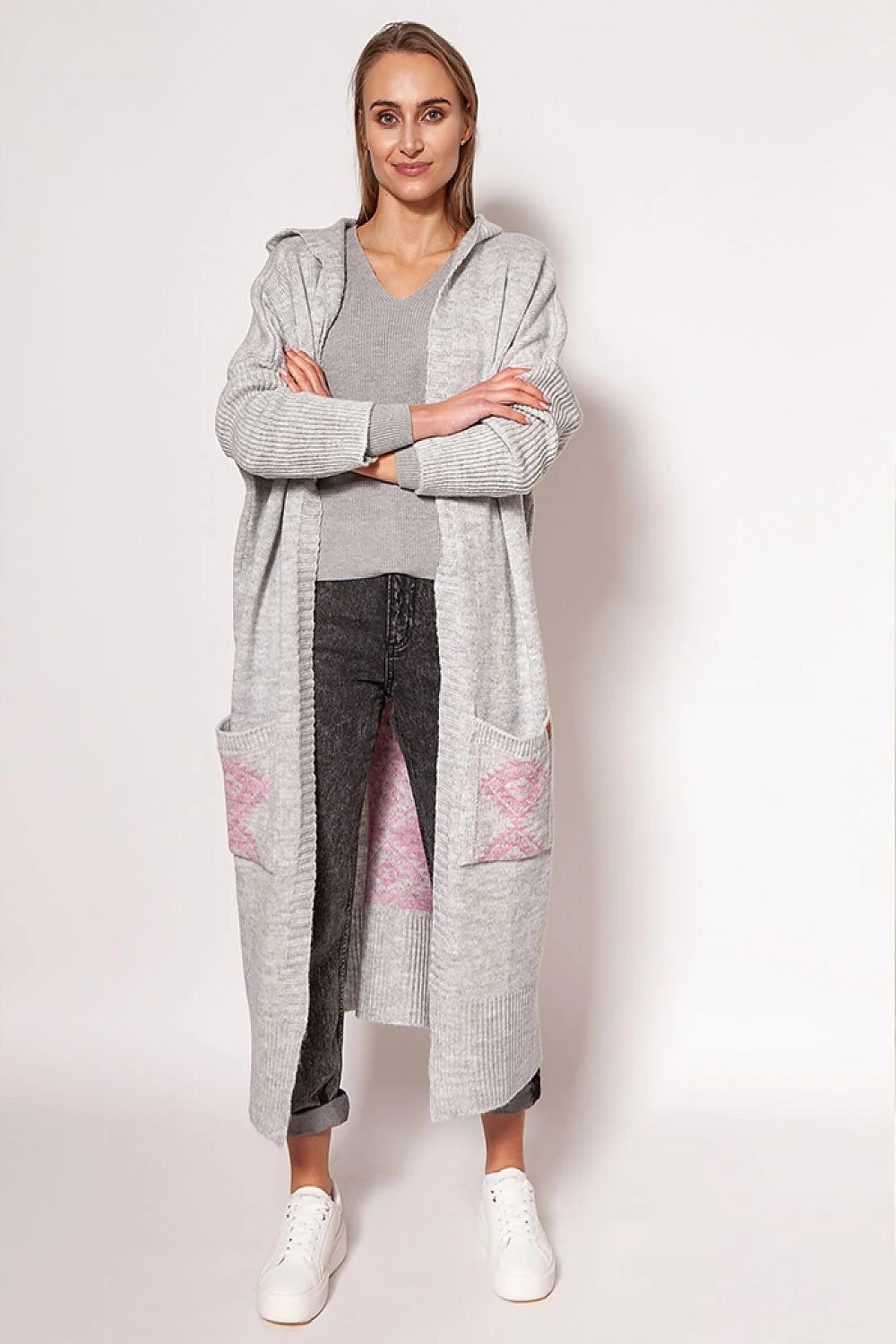 Cardigan pour femme en acrylique et laine, style décontracté, capuche et poches, longueur totale 120 cm