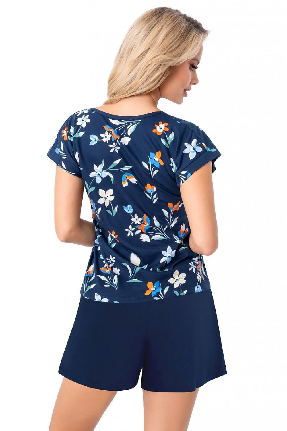 pyjama femme ensemble col V manches courtes imprimé floral bleu marine short taille élastique nœud satiné jersey coton doux