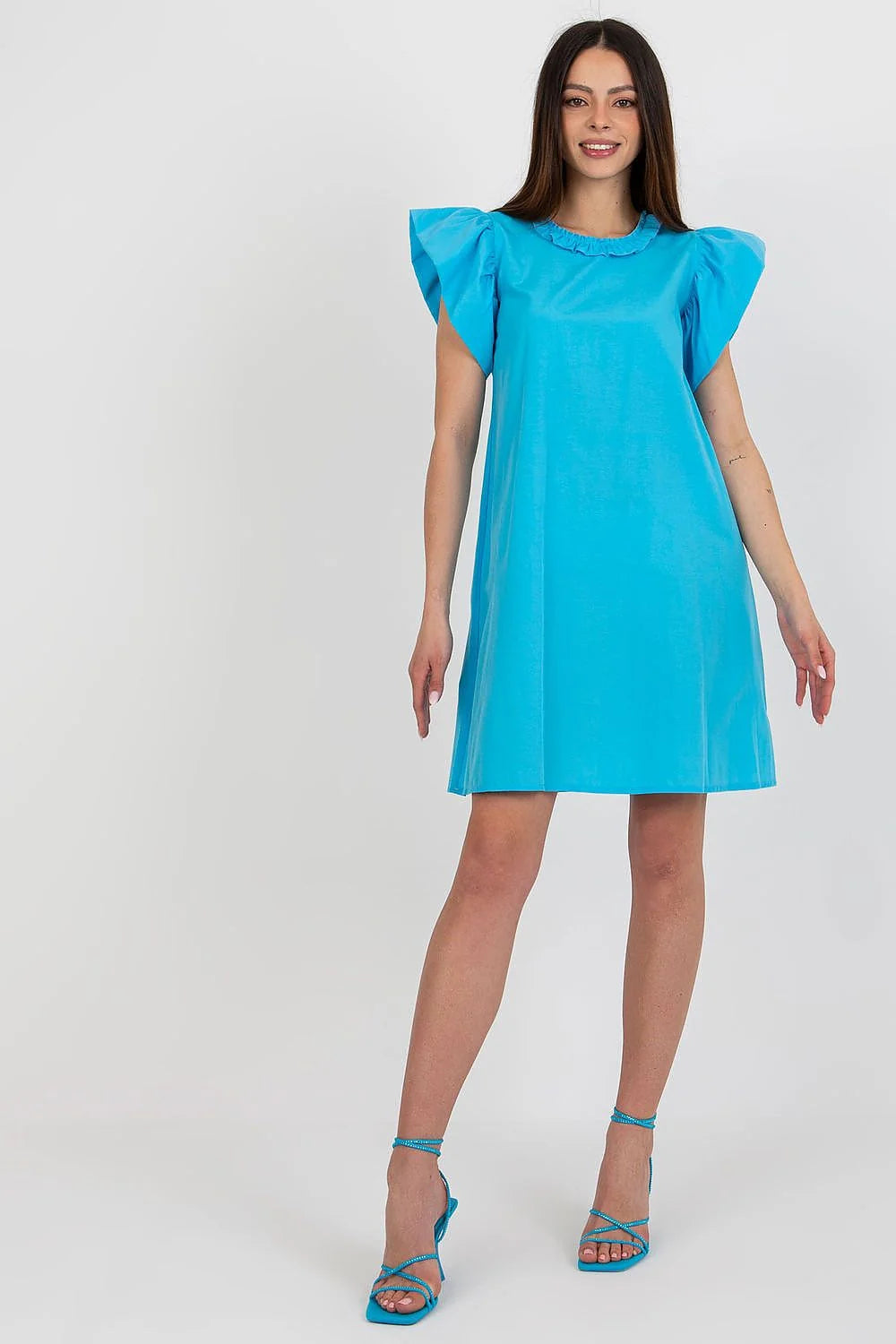 Robe de jour féminine en coton aéré manches courtes volants col rond bleu vif longueur au-dessus du genou Lakerta