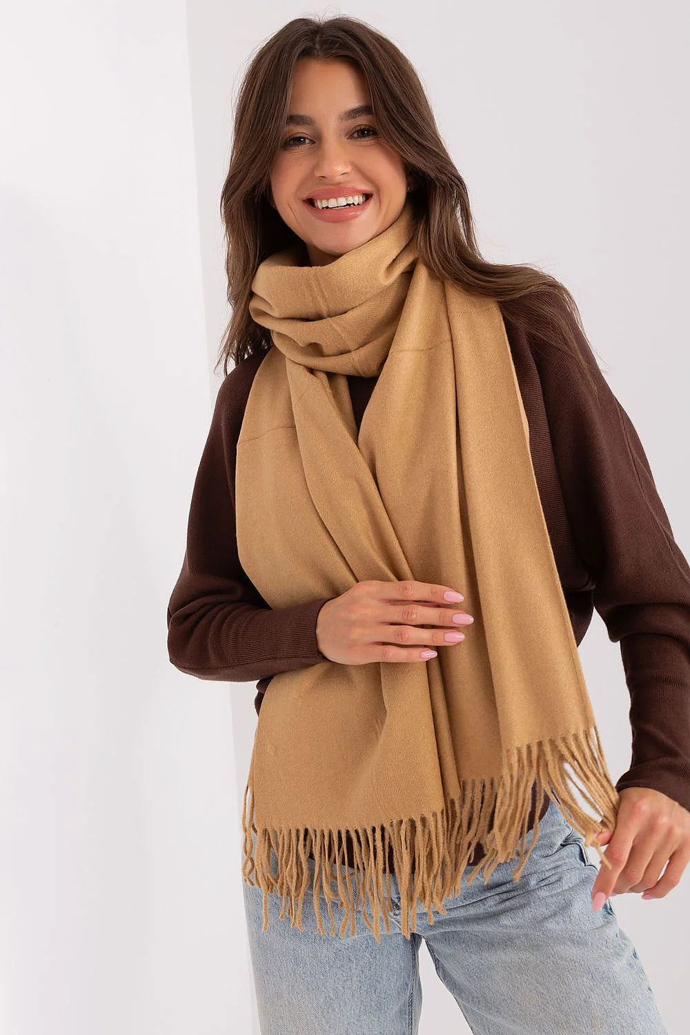 Écharpe classique pour femme en laine/cachemire, hiver, style intemporel, beige camel, franges, longueur 196 cm, châle AT