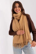 Écharpe classique pour femme en laine/cachemire, hiver, style intemporel, beige camel, franges, longueur 196 cm, châle AT