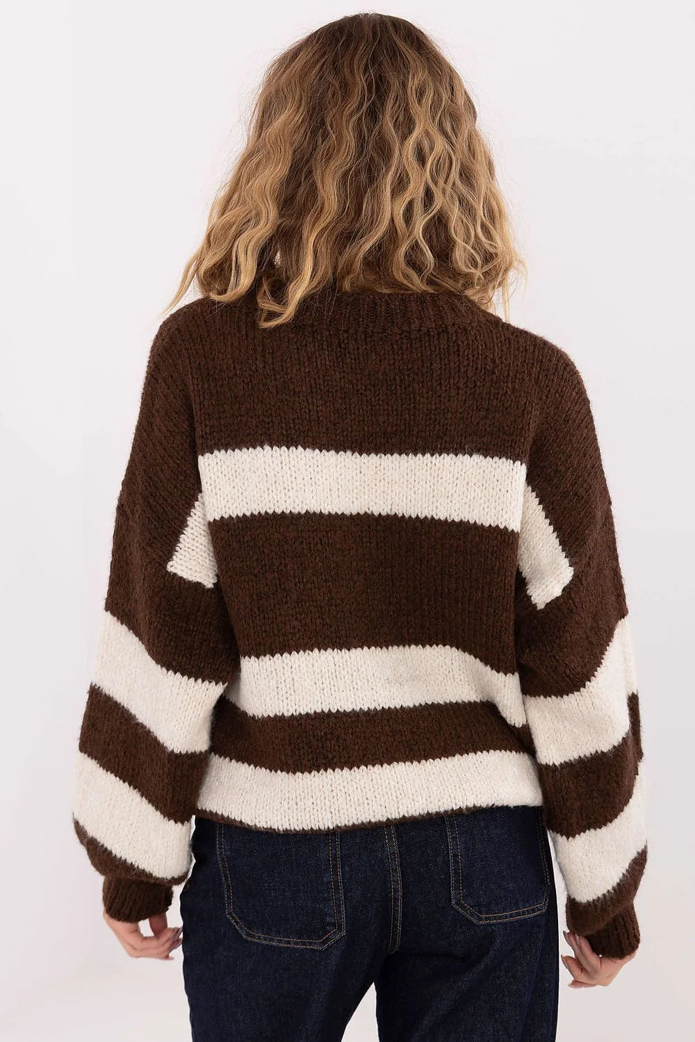 pull femme oversize coupe boxy épaules tombantes grosse maille rayée marron crème duveteuse jacquard AMOUR col rond manches longues confortable