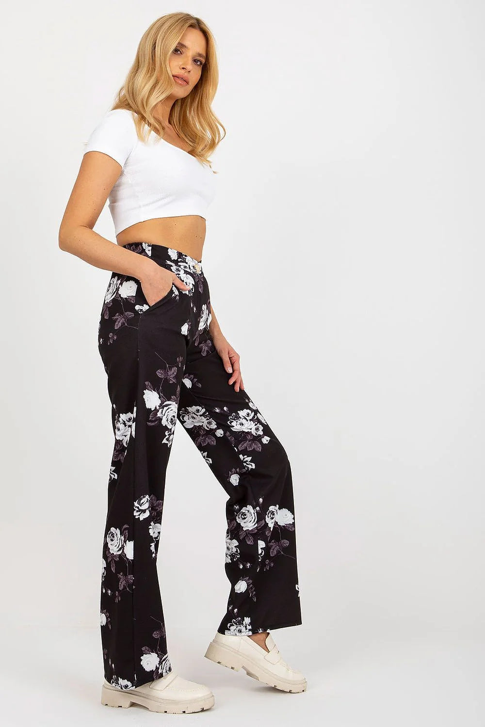 Ensemble femme crop top pantalon large motif floral coton élasthanne polyester taille haute occasion chic