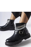 Bottines femmes style audacieux cuir noir chaînes métalliques boucle dorée fermeture éclair semelle épaisse