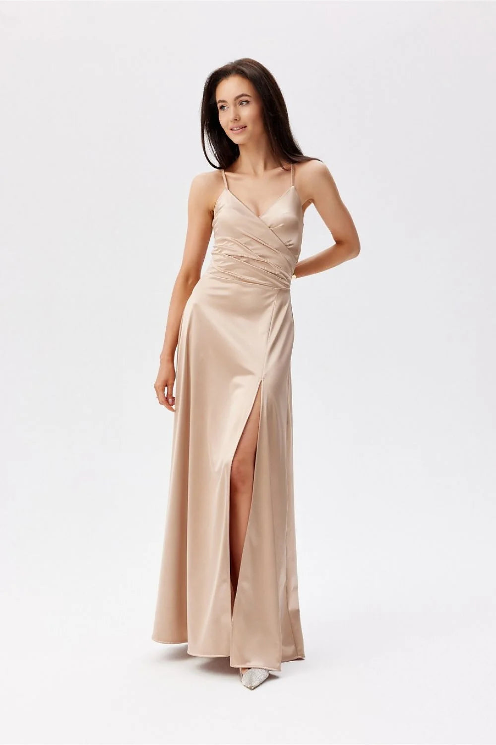 Robe longue élégante beige champagne soyeuse V-neck drapé dos nu sans coutures femmes robes longues occasion spéciale