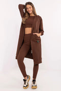 Ensemble féminin long cardigan crop top pantalon marron chocolat style décontracté sportif confortable femme
