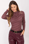 chemisier femme bordeaux manches longues col montant géométrique slim extensible boucle dorée épaule ajustée viscose polyester fluide élégant