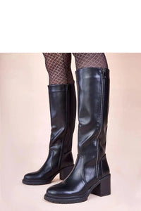 bottes montantes noires simili cuir tige haute genou talon bloc 7cm bout rond fermeture eclair latérale semelle crantée