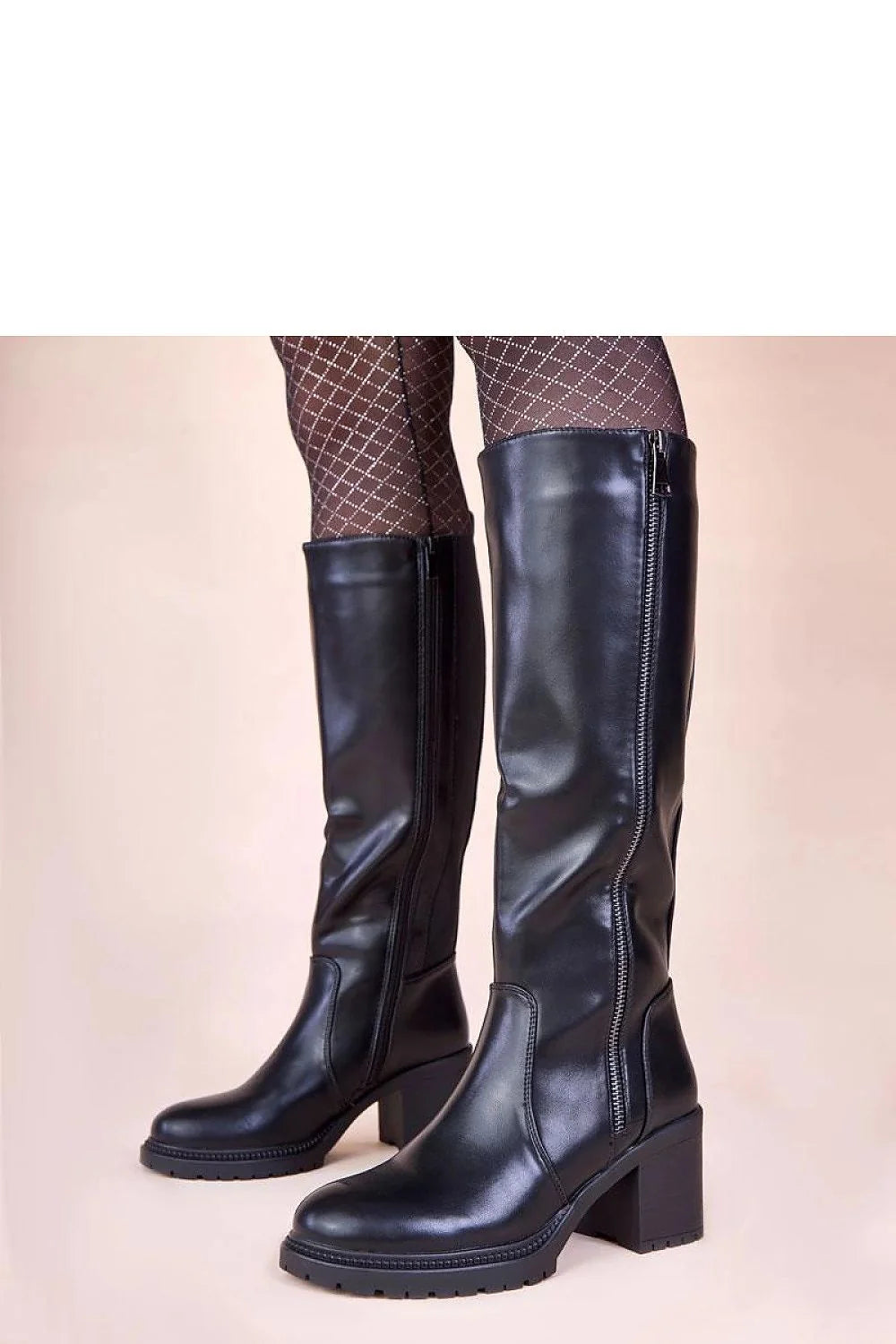 bottes montantes noires simili cuir tige haute genou talon bloc 7cm bout rond fermeture eclair latérale semelle crantée