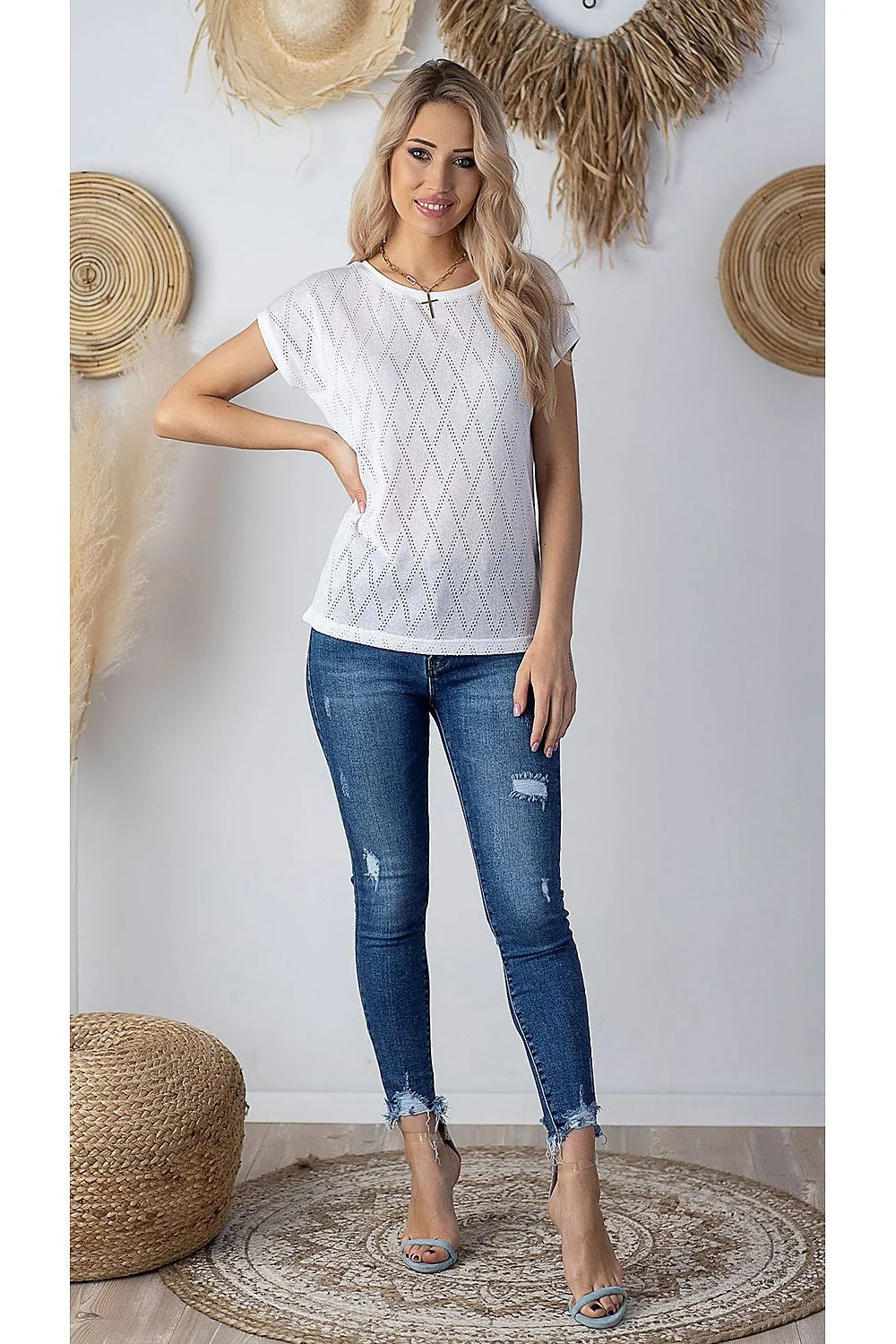 T-shirt blanc ajouré en crochet chic et décontracté pour femmes modernes printemps été mode