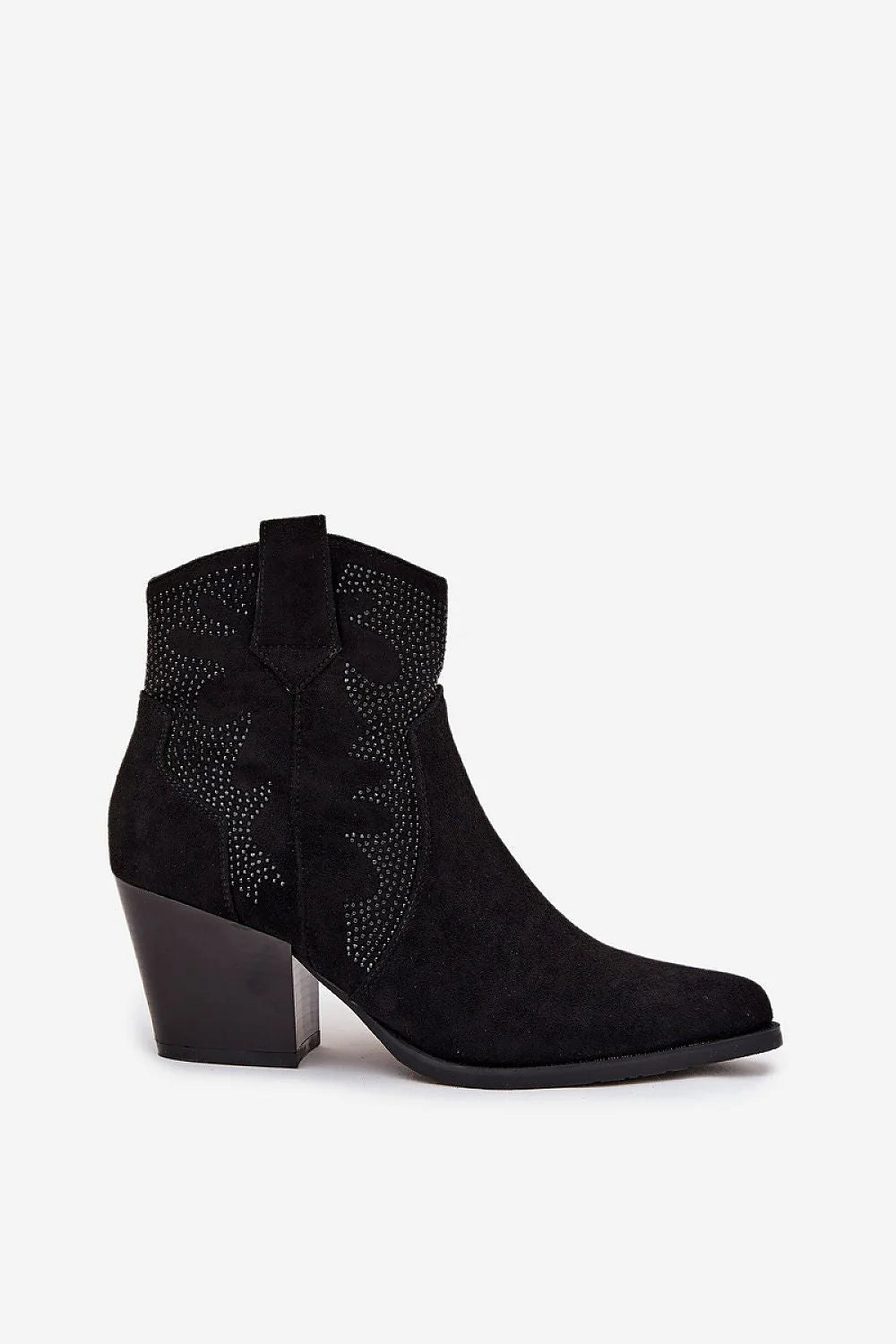 bottines femme suédine écologique noir western cowboy bout pointu talon bloc 7cm doublure pelucheuse fermeture éclair clous métalliques silhouette effilée