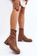 bottes suédine écolo camel talon bloc carré tige mi mollet bout arrondi facile semelle gomme adhérente confortable féminine
