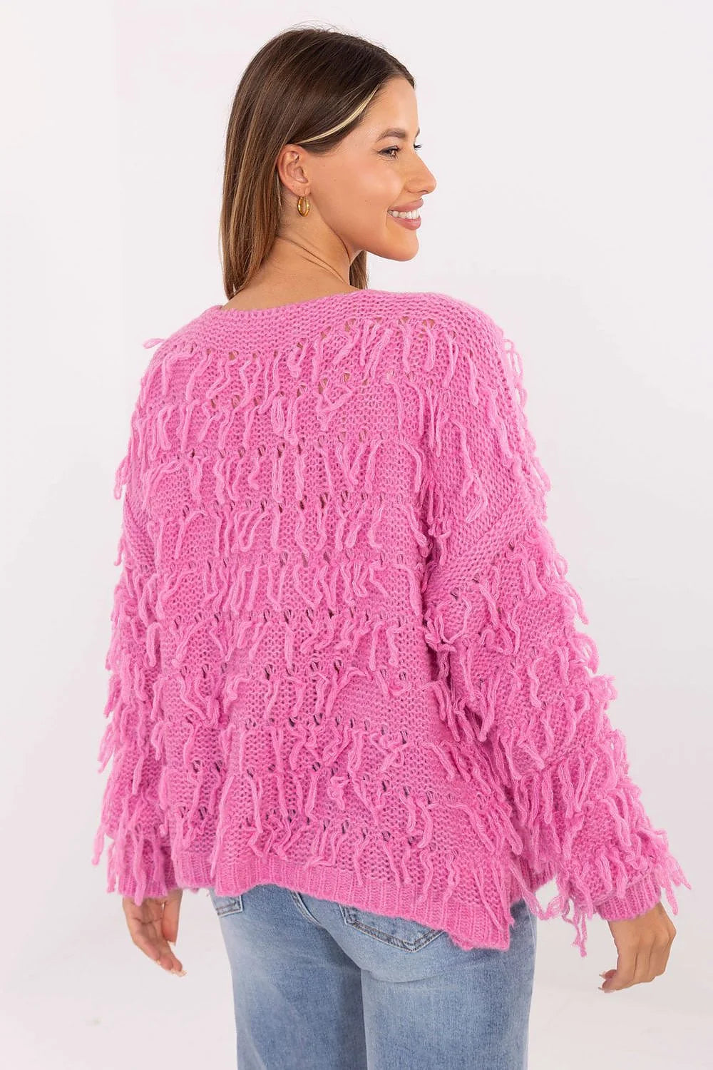 cardigan femme oversize ouvert devant maille tricotée rose fuchsia pelucheux shaggy franges bouclées manches longues épaules tombantes coupe droite hanches