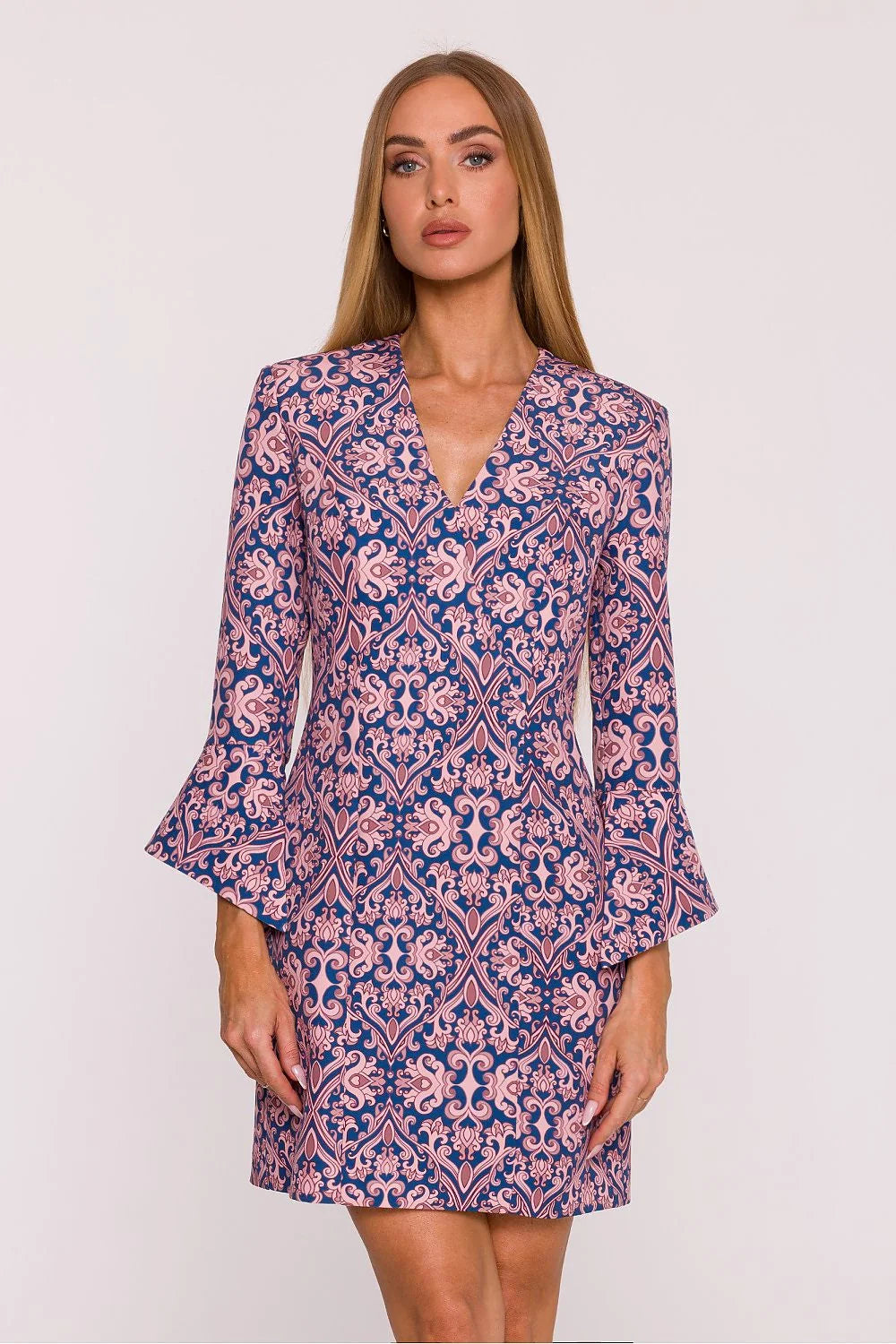 robe courte mini imprimé végétal multicolore baroque damassé rétro chic V manches évasées volants mate coupe cintrée fluide polonaise