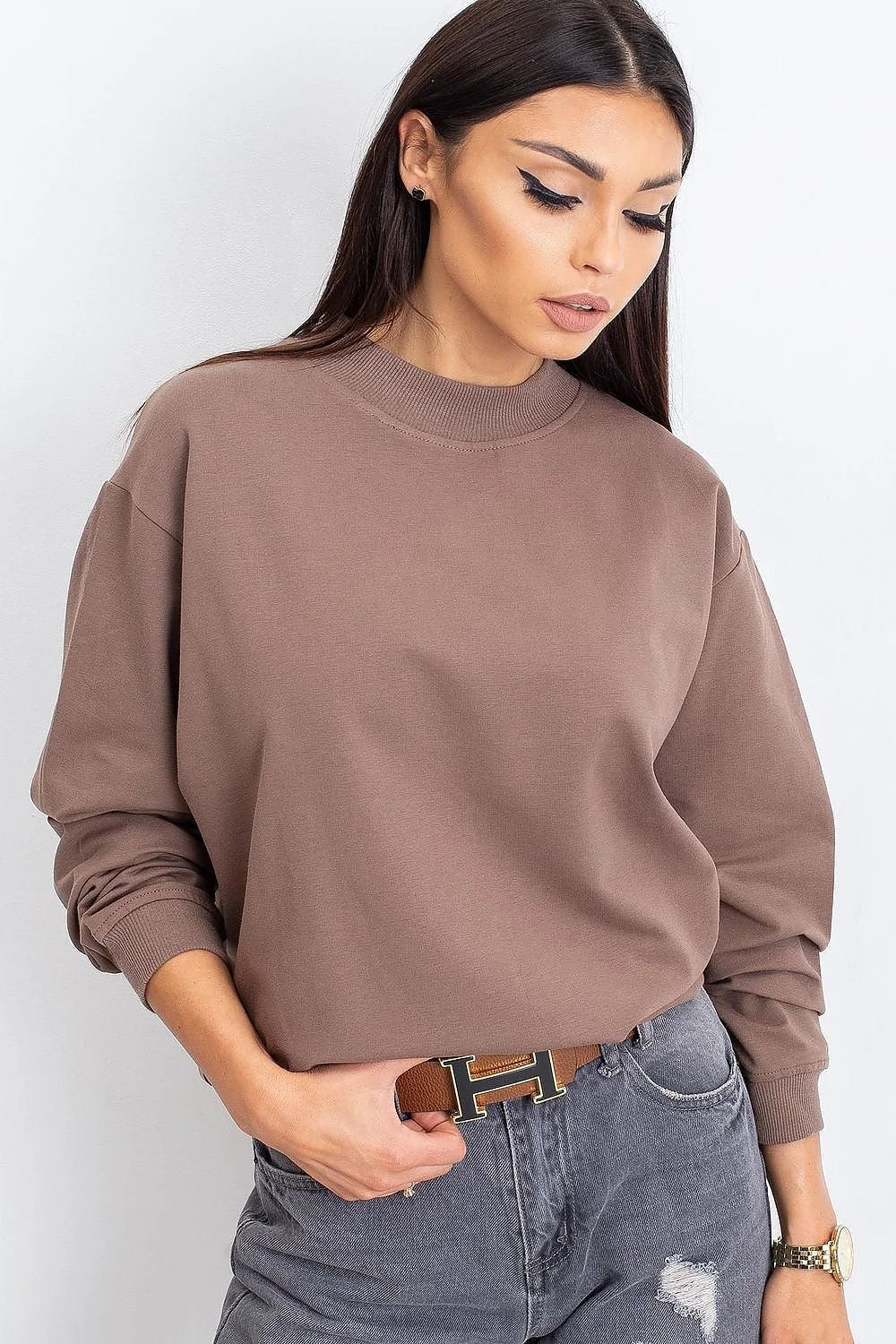 Sweatshirt BFG pour femme en coton 90% élasthanne 10%, style casual oversize, couleur bleu vif, manches longues, col rond côtelé, idéal pour tenues urbaines et décontractées