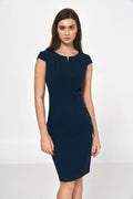 Robe de jour élégante ajustée manches courtes bleu marine polyester élasthanne visage dos ouvert femme occasion professionnelle
