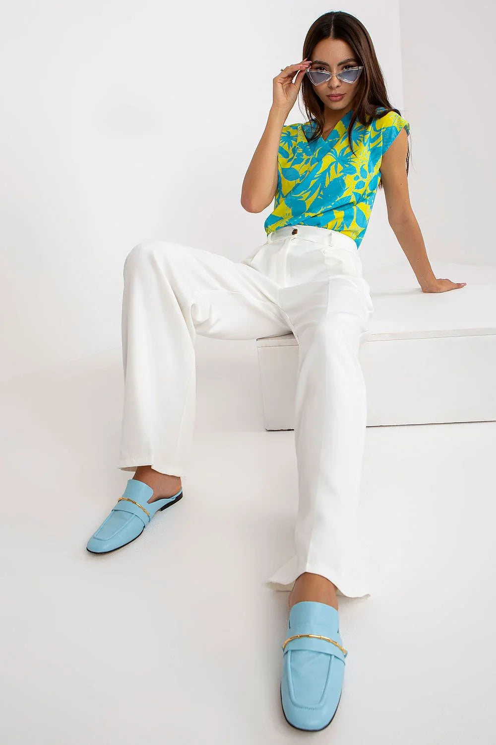 Pantalon femme Italy Moda avec chemisier imprimé floral, blanc, taille haute, élasthanne, polyester, occasion estivale, style chic, coupe évasée