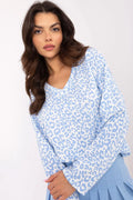 chemisier féminin léopard bleu clair blanc manches longues bouffantes col V coupe ample tissu fluide léger respirant doux élégant