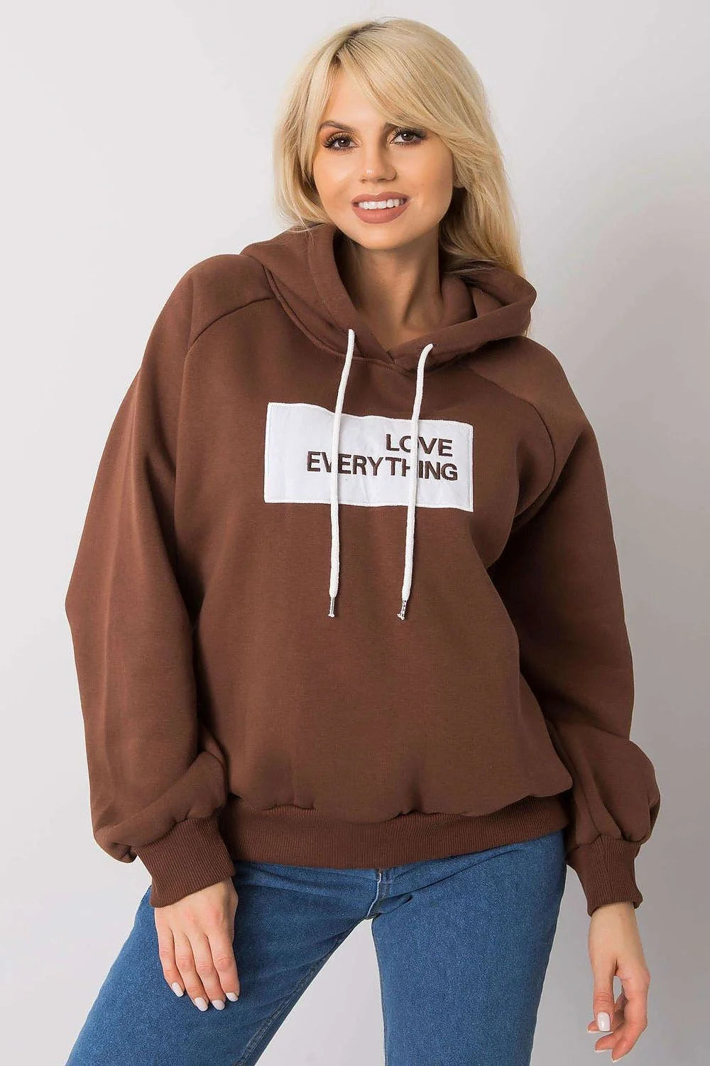 Sweatshirt à capuche pour femme design moderne décontracté marron avec inscription LOVE EVERYTHING coton polyester manches longues ample