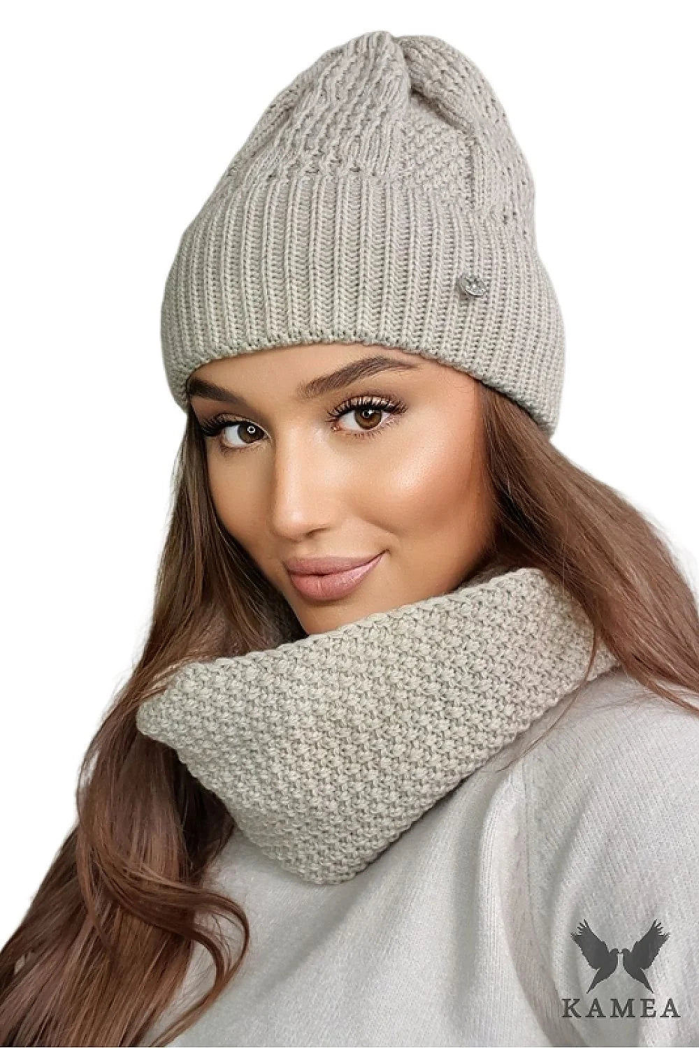 ensemble tricoté Kamea femme automne hiver élégant confortable bonnet snood torsadé côtelé slouchy taupe laine douce