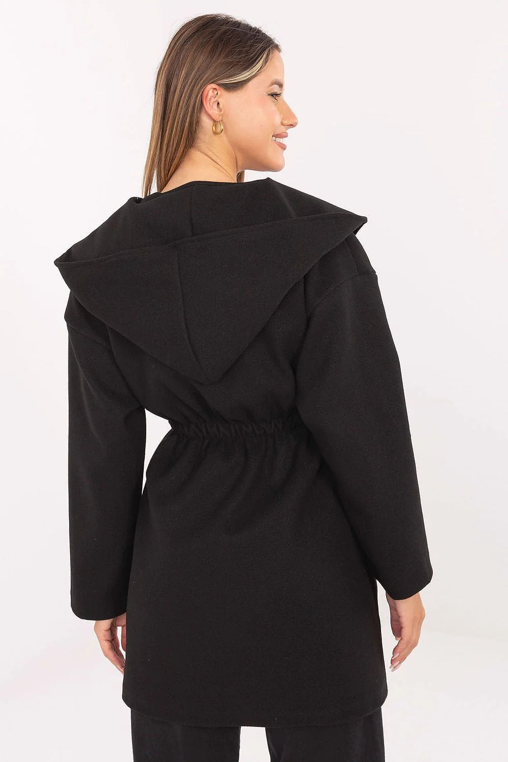manteau femme ceinturé mi cuisses noir portefeuille oversize col châle capuche noué lainé laine mélangée manches longues poches fendues