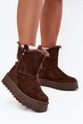 bottes hiver femme écosuède montantes plateforme crantée antidérapante fourrées doublure fourrure semelle confortable chaude marron bout rond rivets pullon élégantes