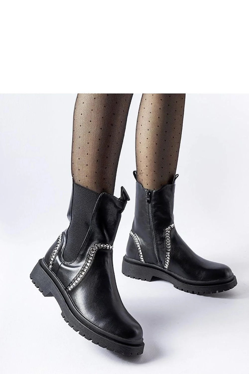Bottes pour femmes en cuir noir élégantes modernes coupe mi-haute fermeture éclair latérale chaînes décoratives argentées semelle épaisse crantée style urbain chic