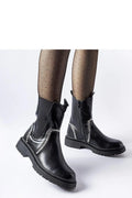 Bottes pour femmes en cuir noir élégantes modernes coupe mi-haute fermeture éclair latérale chaînes décoratives argentées semelle épaisse crantée style urbain chic