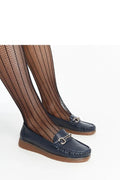 Moccasins féminins style classique élégant bleu marine détails dorés sans lacets confortable durabilité haute qualité femme