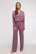 Ensemble coordonné pour femmes haut cache-cœur manches longues pantalon large taille haute couleur mauve tendre
